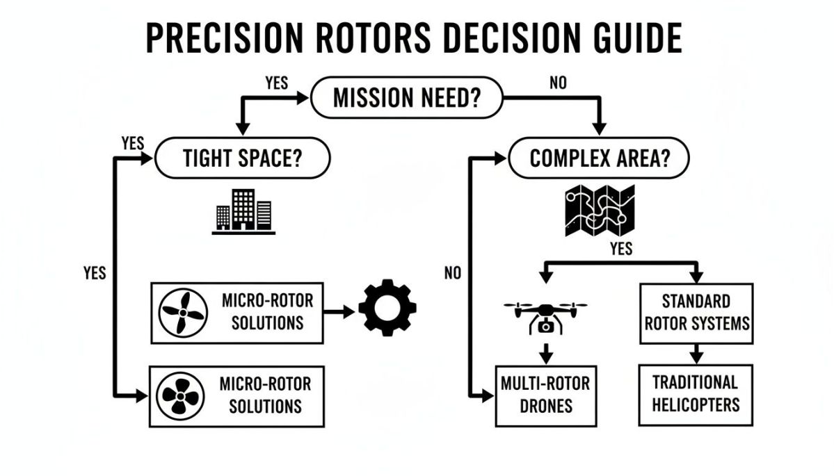 Flowchart guiding the selection of precision rotor solutions for drones and helicopters.
