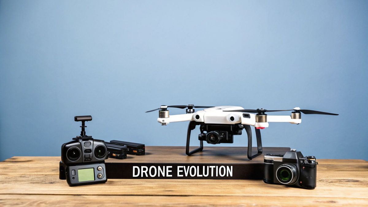 A sophisticated commercial drone with multiple sensors flying over a landscape.