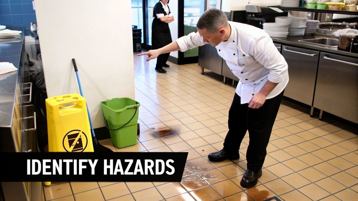 A chef points to a wet floor spill near a "wet floor" sign in a commercial kitchen.