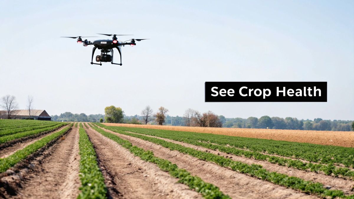 A drone flies over rows of green crops in a field, monitoring agricultural health.
