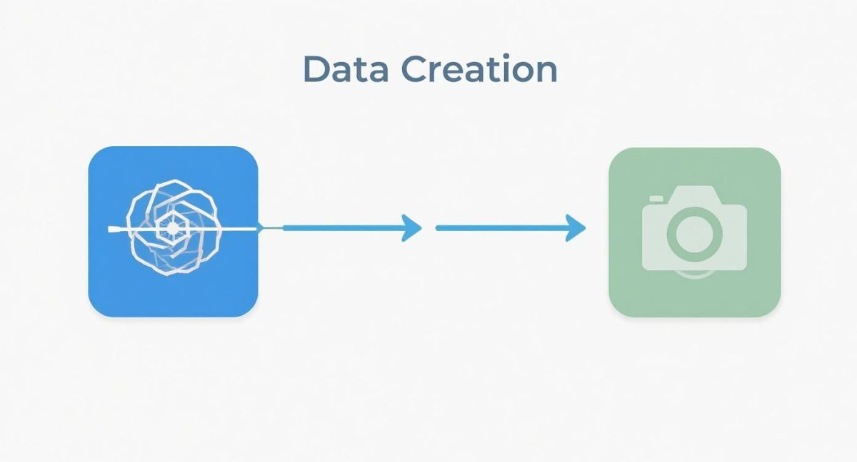 A diagram titled 'Data Creation' illustrates a blue point cloud icon flowing to a green camera icon.