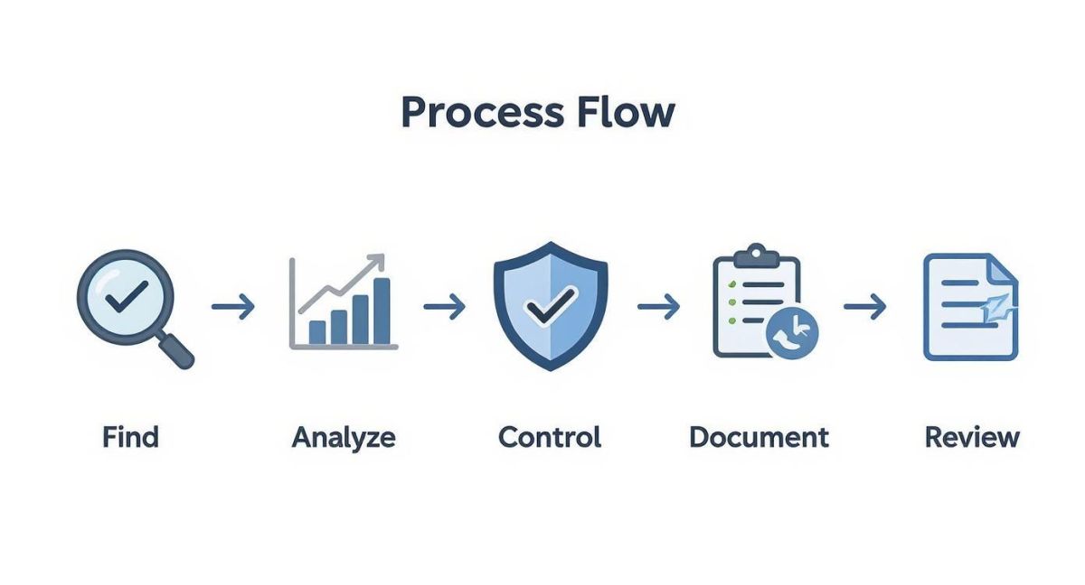 Process flow diagram illustrating five steps: Find, Analyze, Control, Document, and Review with icons.