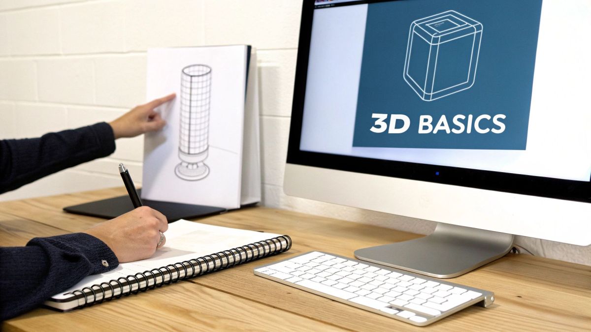 A person works on 3D design, pointing at a drawing while taking notes next to a computer displaying "3D BASICS".