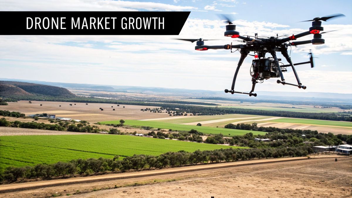 A professional multi-rotor drone flies over vast agricultural fields and a rural landscape under a cloudy sky, with text 'DRONE MARKET GROWTH'.