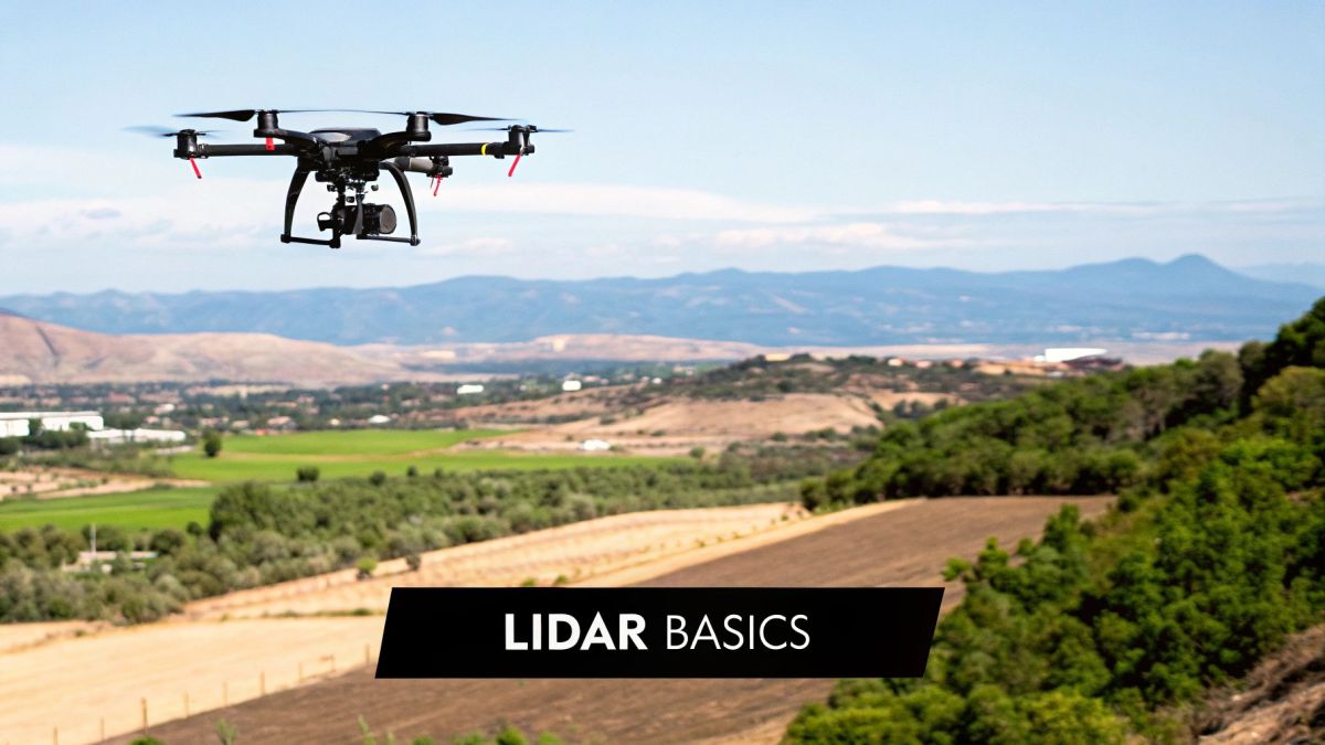 A drone equipped with a LiDAR sensor flying over a green landscape