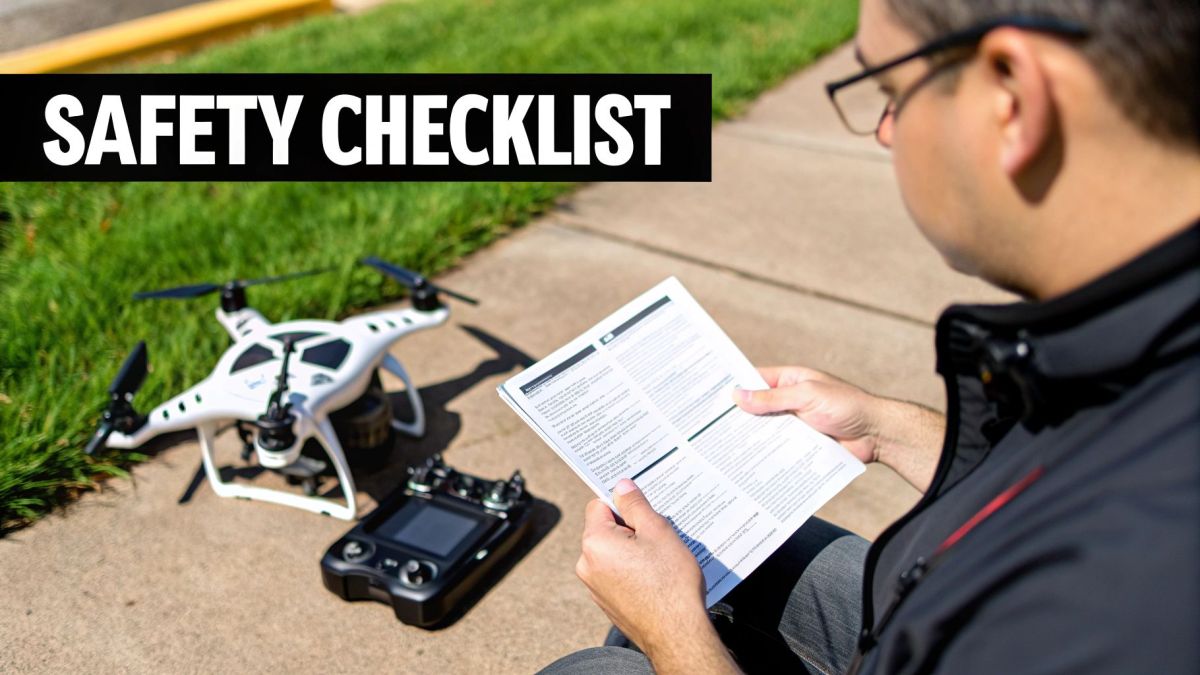 A drone pilot using a remote controller with a checklist in the background at twilight.