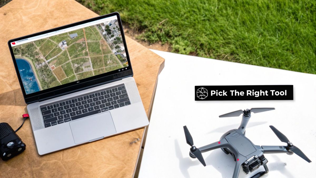 Laptop displaying aerial drone mapping software next to professional drone on outdoor table