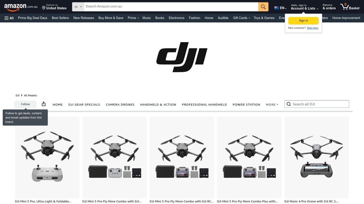 Amazon Australia – Marketplace with DJI Brand Store and Third-Party Listings