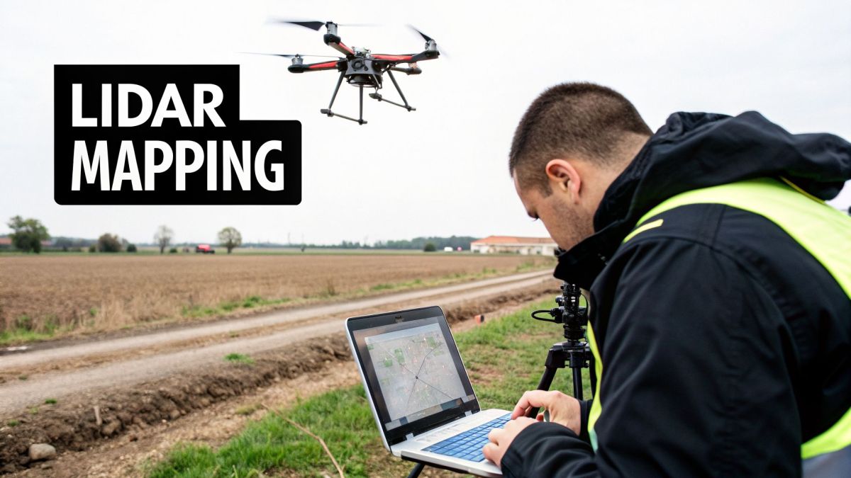 Person uses a laptop to control a drone performing LIDAR mapping in an outdoor field.