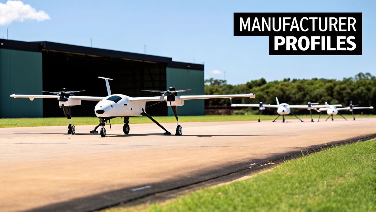 Several white fixed-wing drones with propellers lined up on an airfield in front of a hangar.