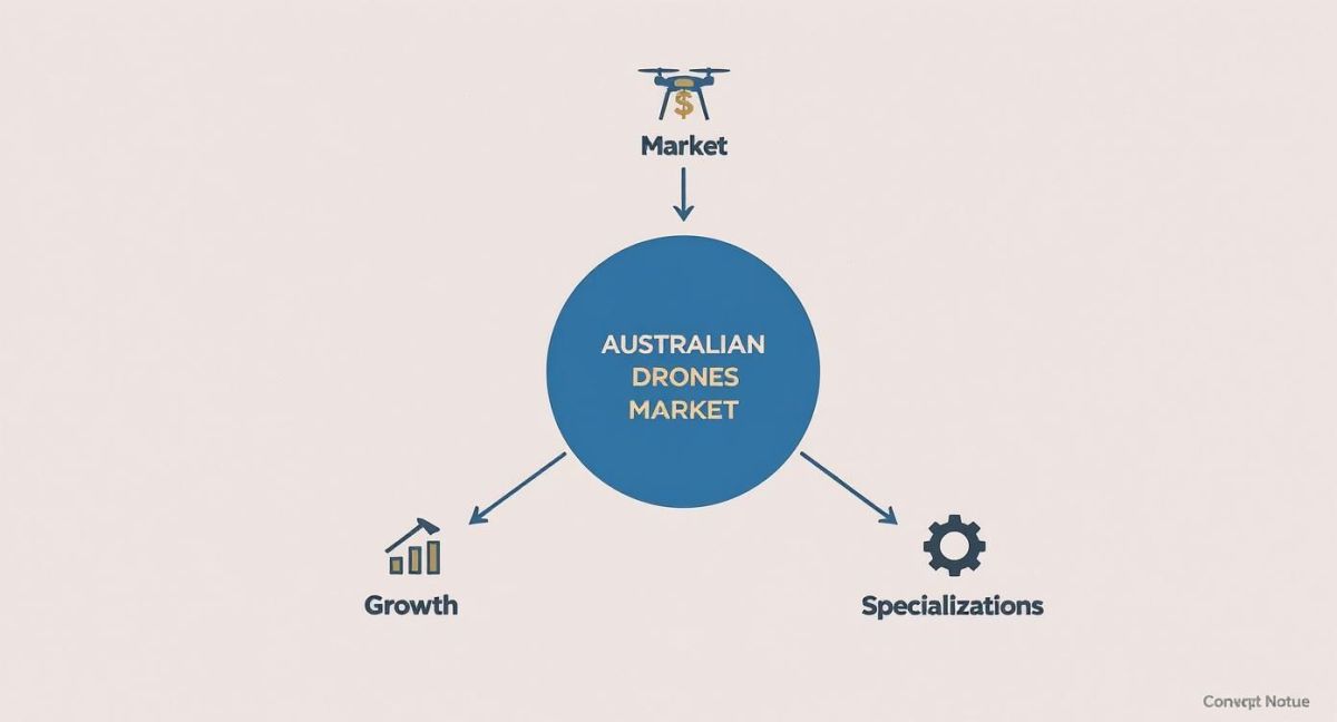 Diagram illustrating the Australian drones market, showing its market aspects, growth, and specializations.