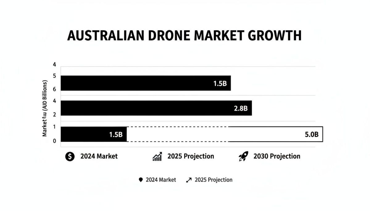 Bar chart illustrating Australian drone market growth from 1.5B in 2024 to projected 5.0B by 2030.