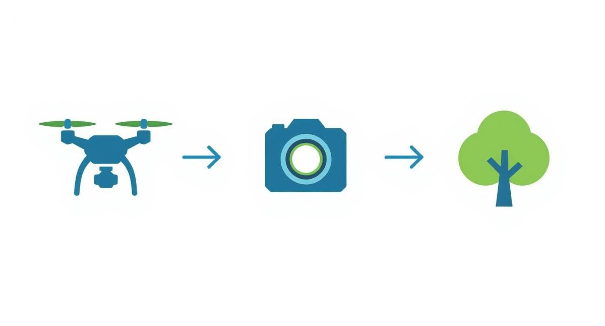 Drone with camera capturing images for environmental monitoring and tree conservation workflow diagram