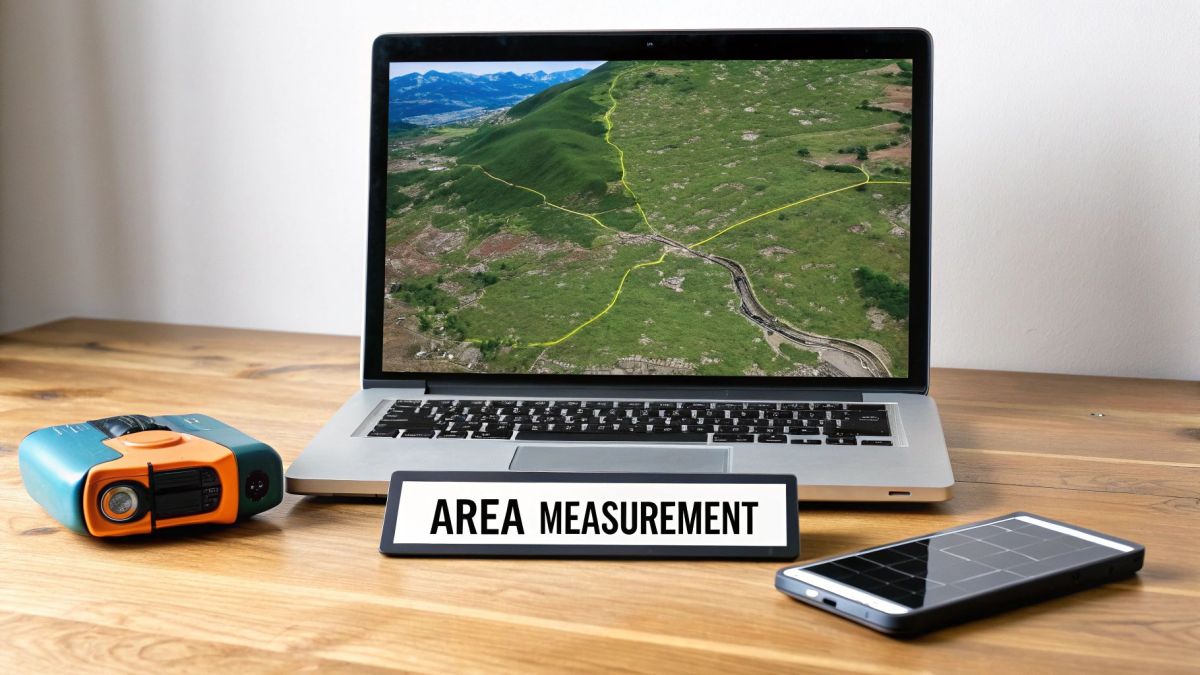 A desk with a laptop displaying an aerial map, a laser device, and an 'AREA MEASUREMENT' sign.