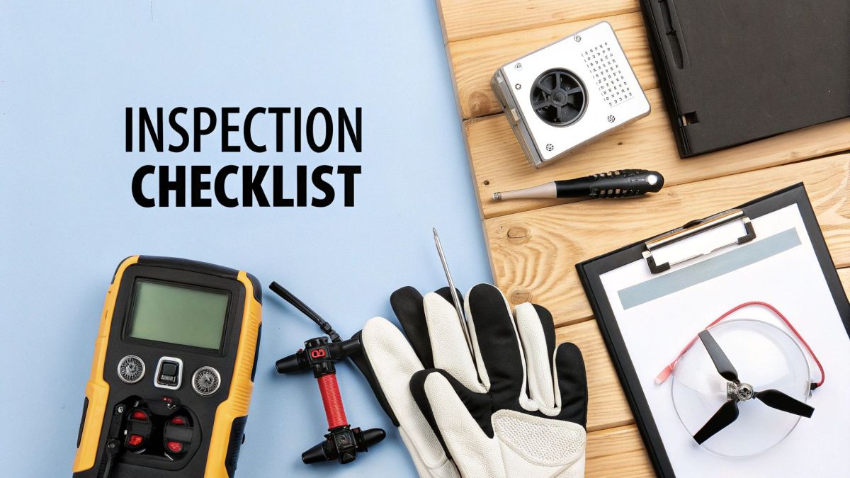 Flat lay of various inspection tools, gloves, and a checklist on a light blue and wooden background.