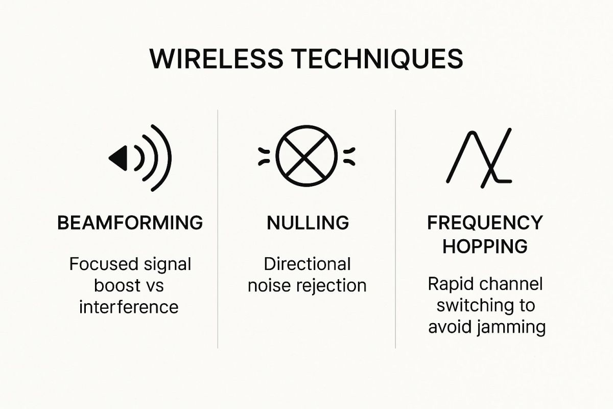 An infographic comparing the anti-jamming techniques of beamforming, nulling, and frequency hopping.
