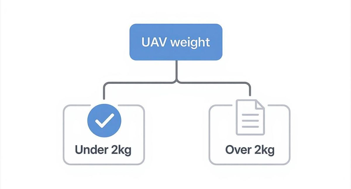 Flowchart illustrating UAV weight classification: under 2kg with a checkmark, and over 2kg with a document icon.