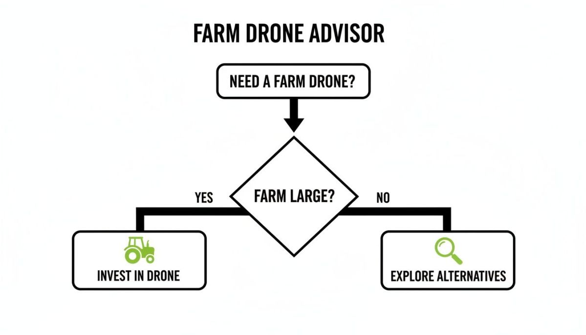 Flowchart guiding decision-making for farm drone investment based on farm size.