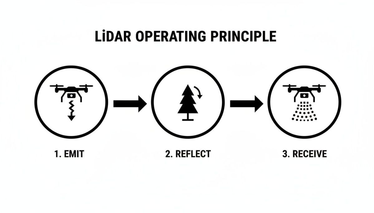 Diagram illustrating the LiDAR operating principle with a drone emitting, reflecting off a tree, and receiving signals.