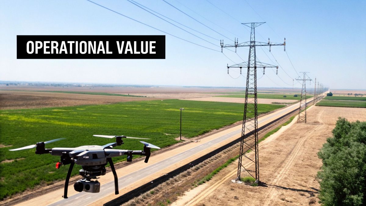 A drone flies over power lines and agricultural fields, demonstrating operational value for infrastructure inspection.
