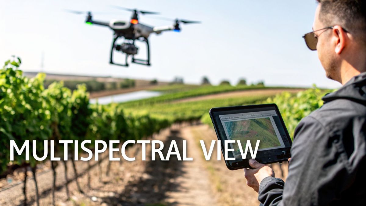A man in a vineyard uses a tablet to control a drone for multispectral imaging of crops.