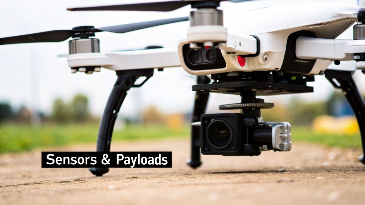 Close-up of a white drone with an attached camera payload, resting on the ground outdoors.