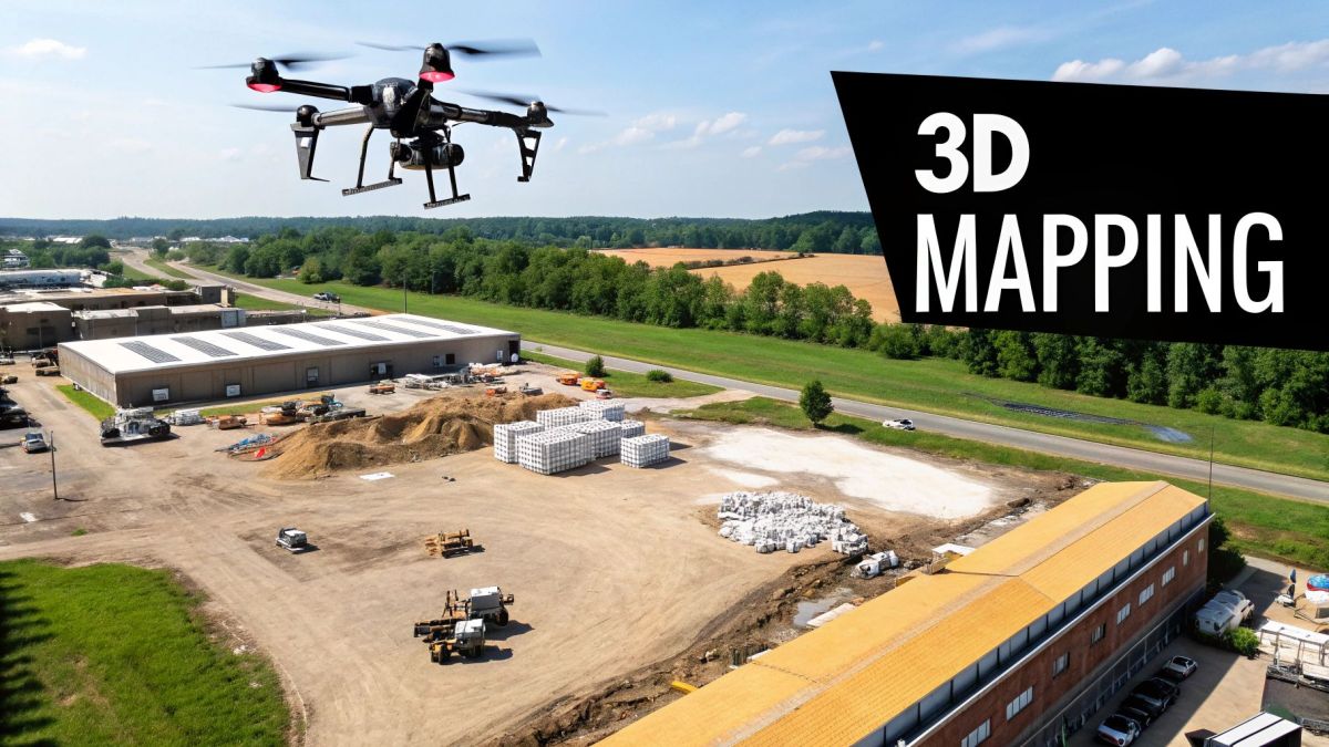 A drone flying over a large construction site with visible stockpiles of gravel and sand.