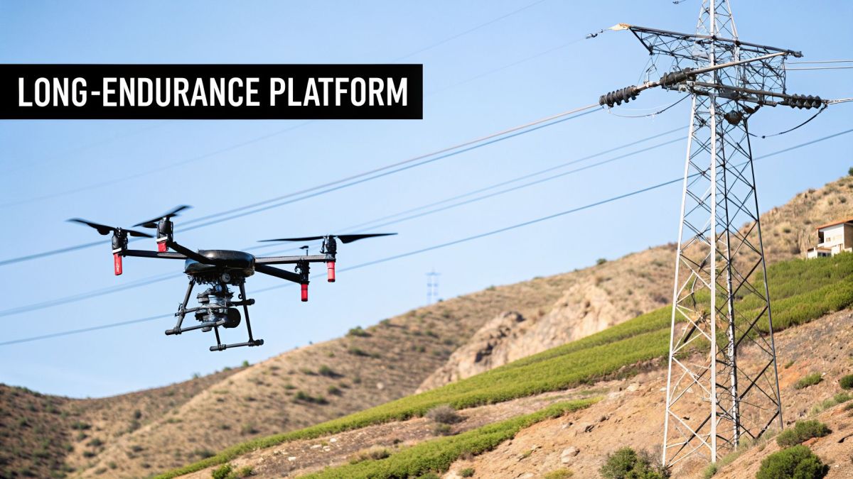 A black drone labeled 'LONG-ENDURANCE PLATFORM' flies near an electricity pylon and power lines in a hilly area.