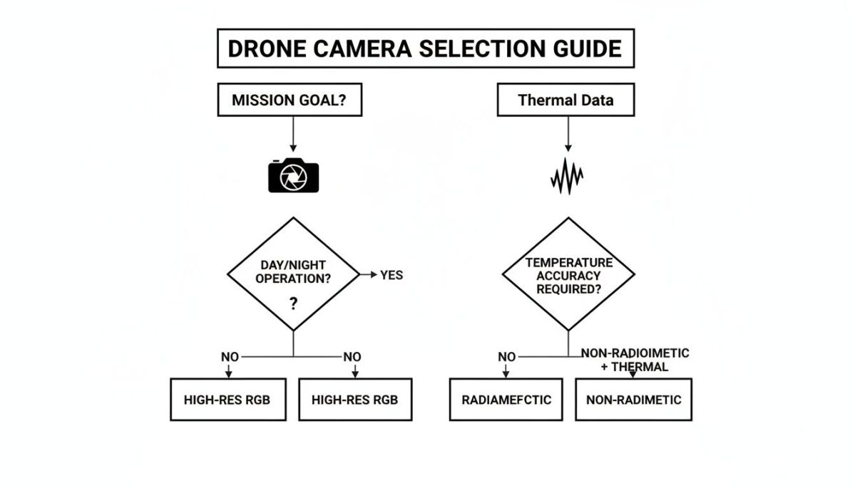 Flowchart guiding drone camera selection based on mission goal or thermal data requirements.