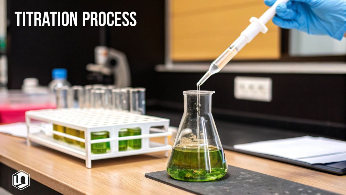 A laboratory setup showing titration with a burette dripping a blue liquid into a flask containing a clear liquid.