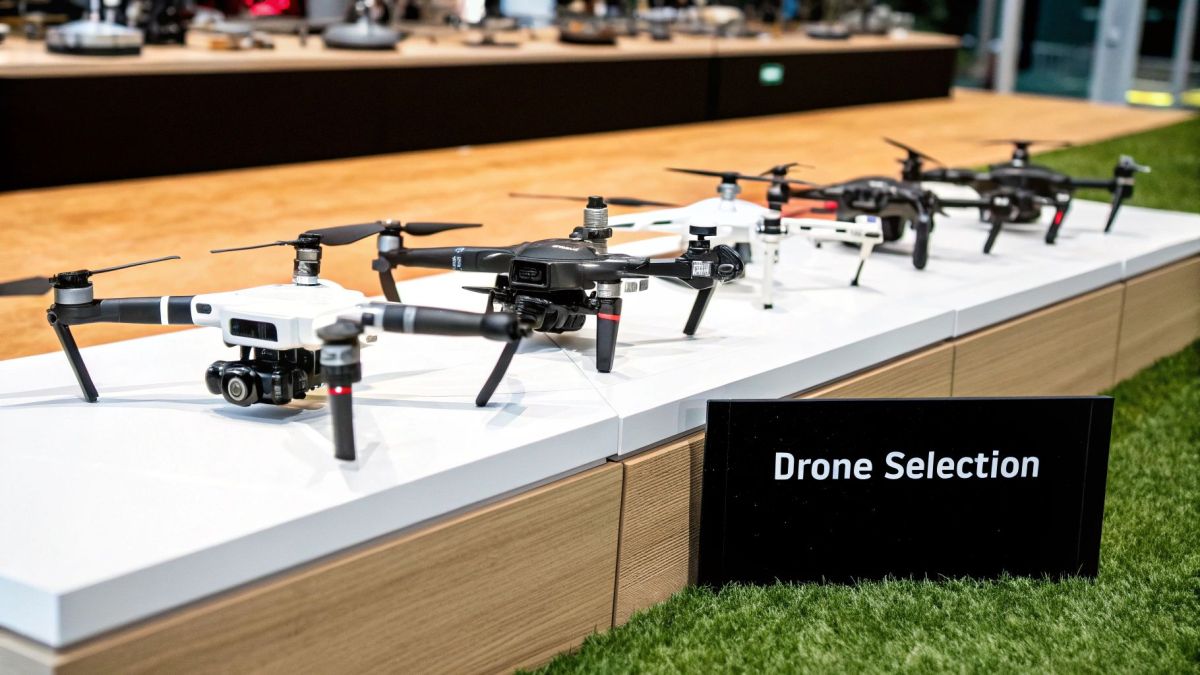 A commercial drone with multiple propellers being prepared for flight in an industrial setting.