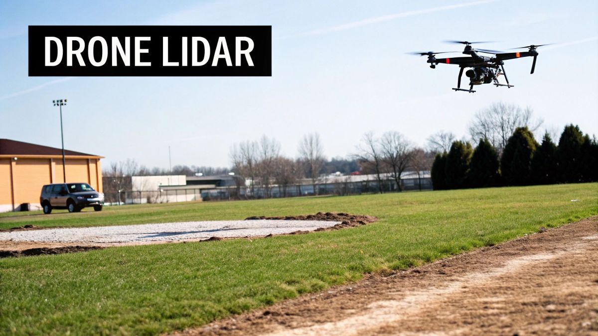A drone equipped with a LiDAR sensor flying over a green field on a clear day.