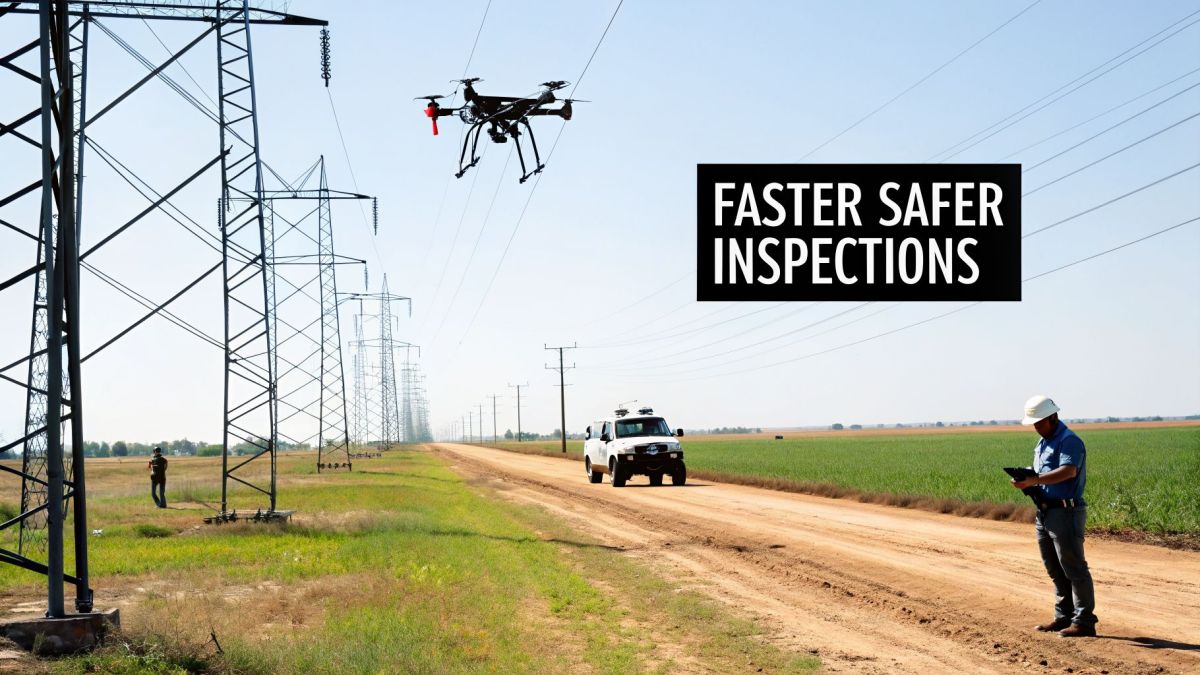 A drone inspects power lines in a rural field, with a worker and vehicle on a dirt road.