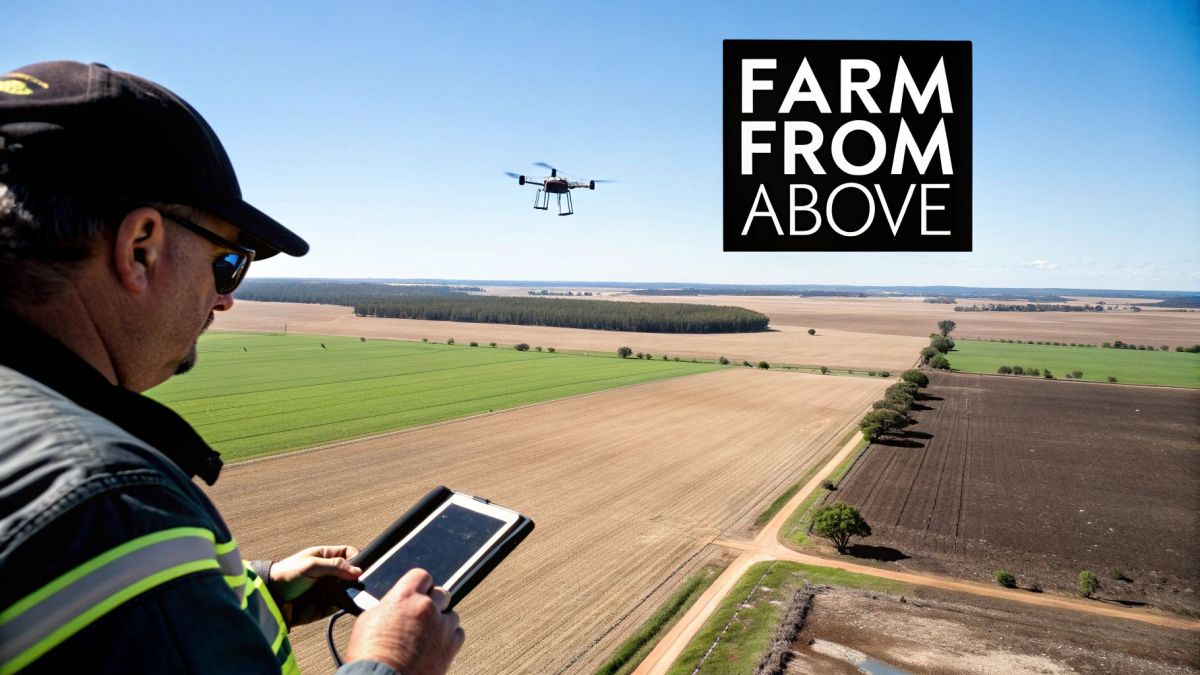 Farmer operating drone with tablet controller over agricultural fields for precision farming technology