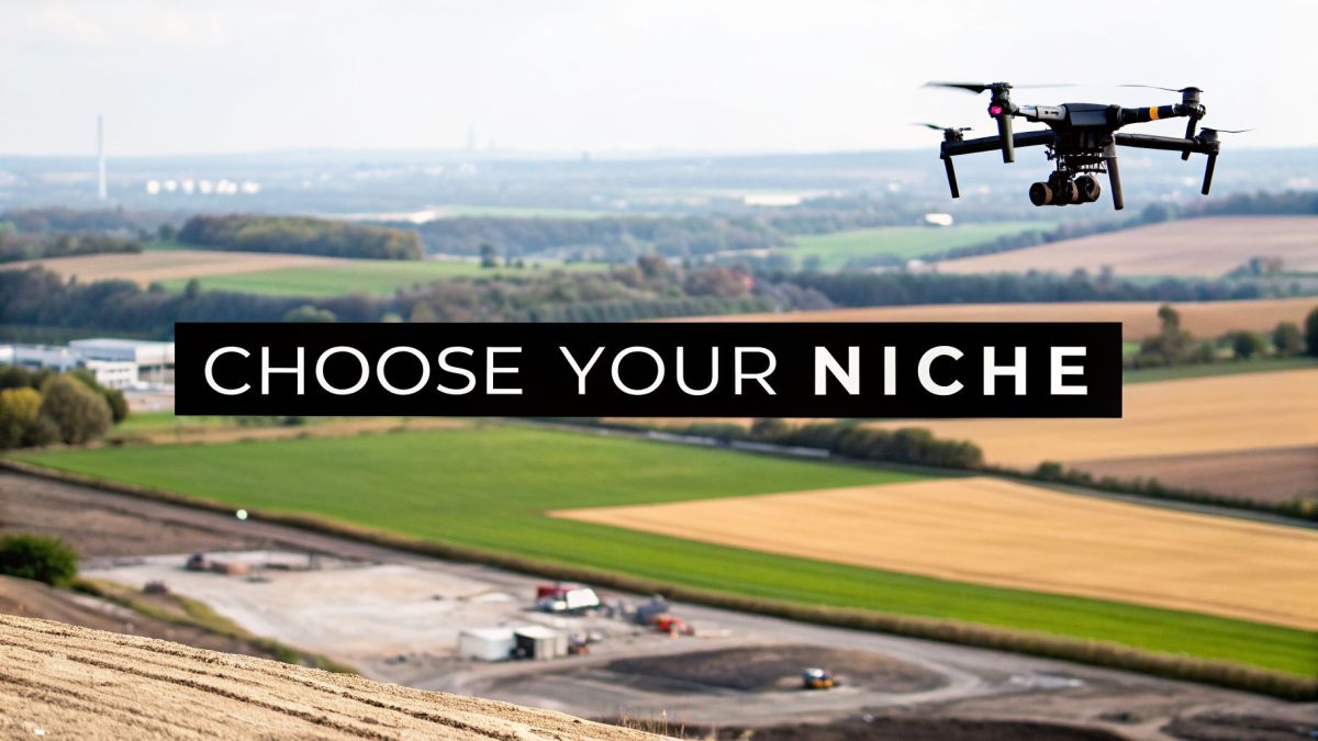 A drone flies over a vast rural landscape with green and yellow fields, and the text "CHOOSE YOUR NICHE".