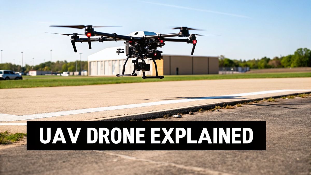A professional black and white UAV drone with a camera hovers above an airfield runway.