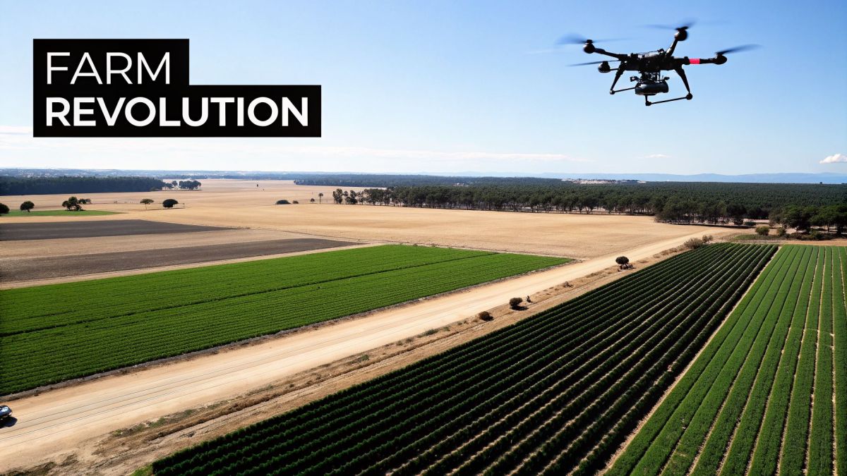 An aerial view of a drone flying over a farm with neatly rowed green crops and brown fields.