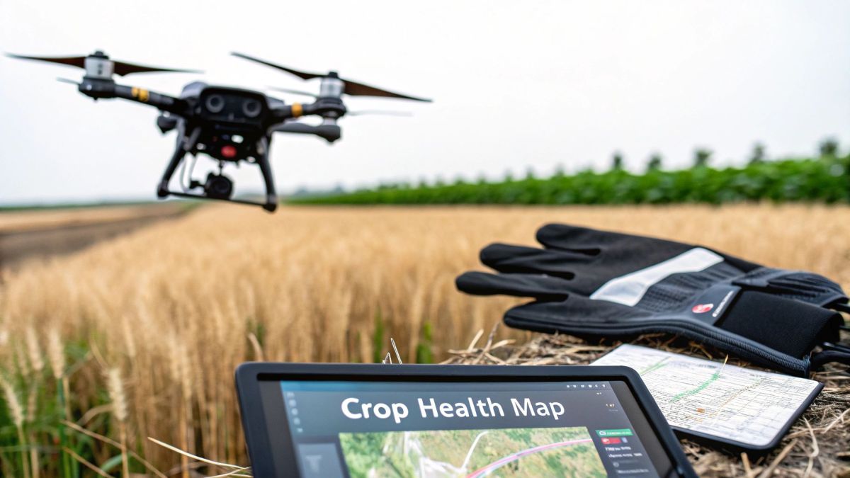 Agricultural drone hovering over wheat field with tablet displaying crop health mapping data