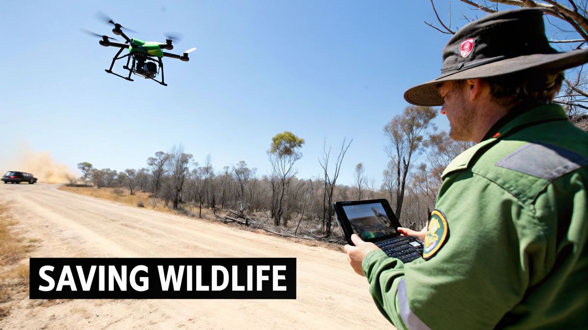 Wildlife ranger operating drone with tablet controller in burnt bushland area for conservation monitoring