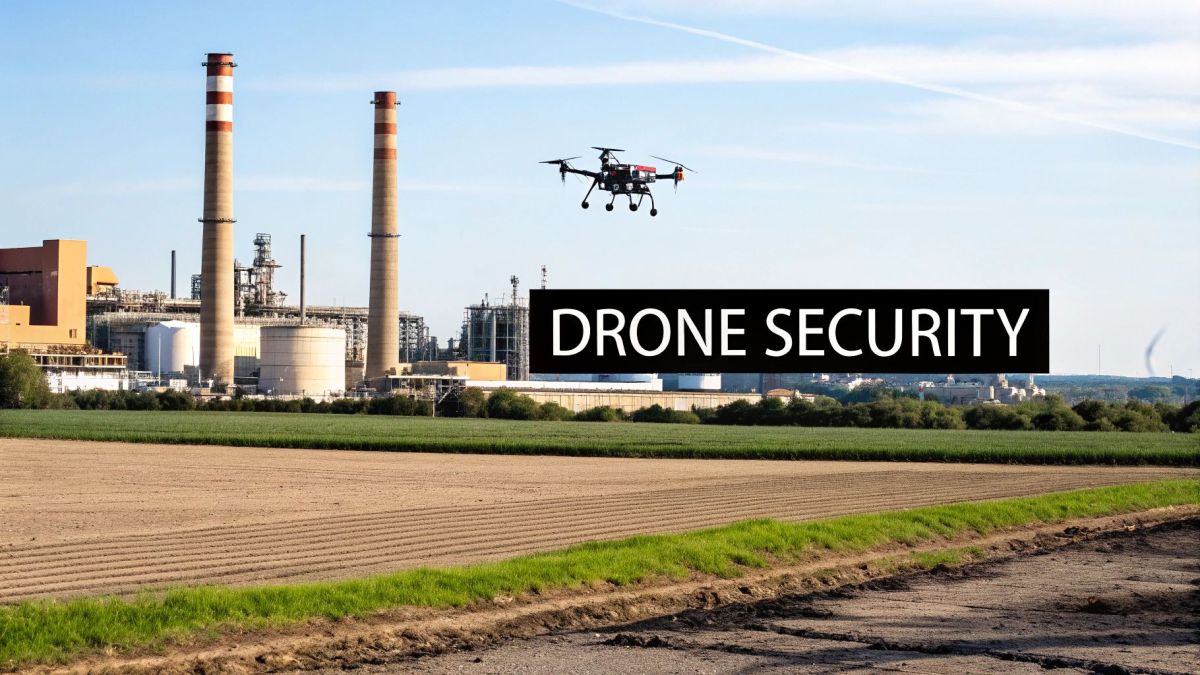 A drone flying over an agricultural area, highlighting its reliance on clear signals for precision tasks.