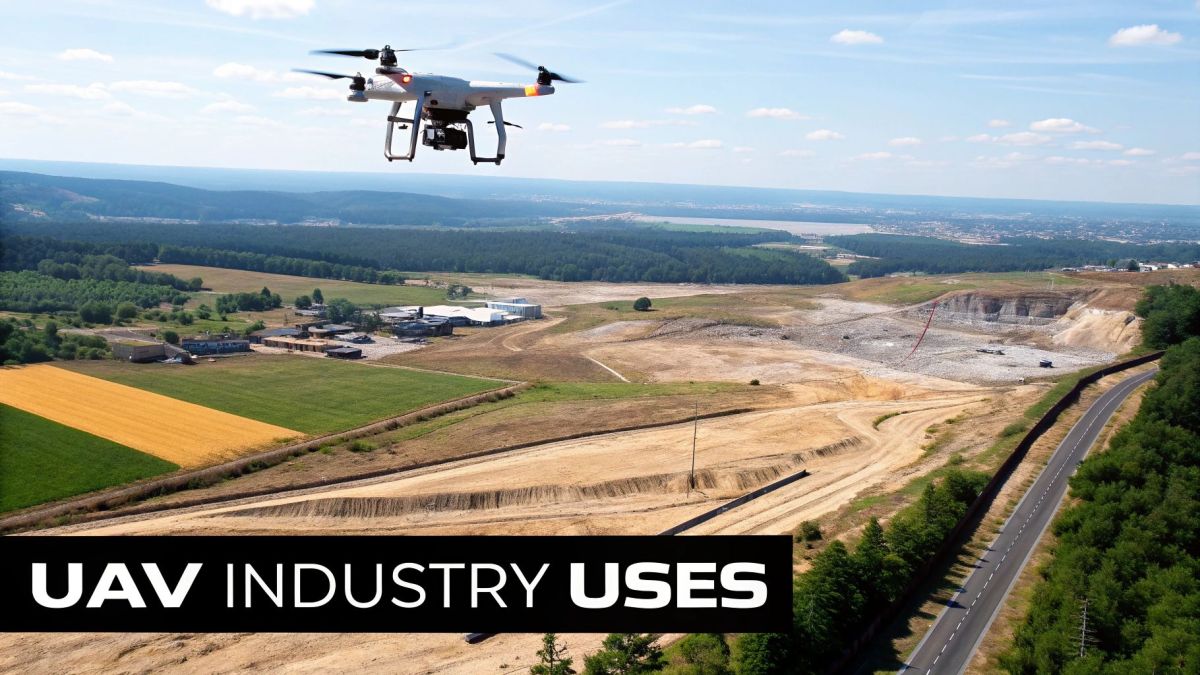A drone flies over an industrial area with fields, a road, and excavation, showing UAV industry uses.