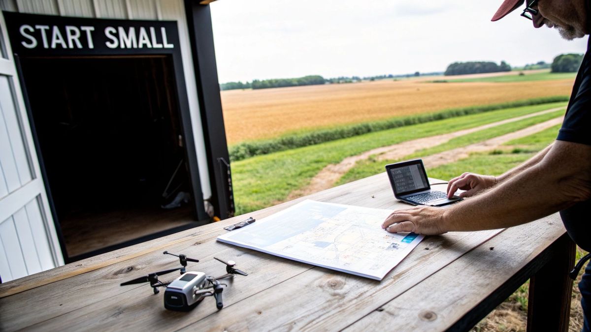 A farmer in a field using a tablet to analyse data, demonstrating a farm automation strategy.