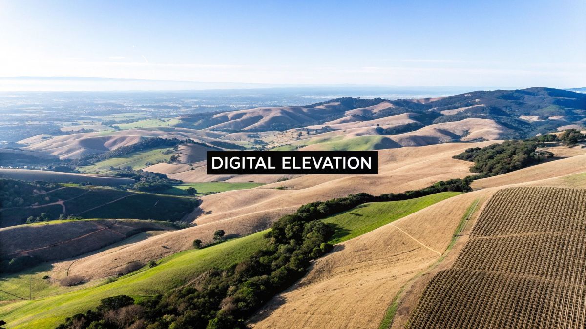 Aerial view of rolling hills, vineyards, and distant city under a clear sky, labeled 'Digital Elevation'.