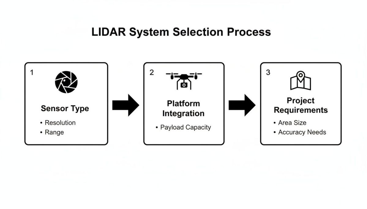 Flowchart illustrating the LIDAR system selection process, covering sensor type, platform integration, and project requirements.