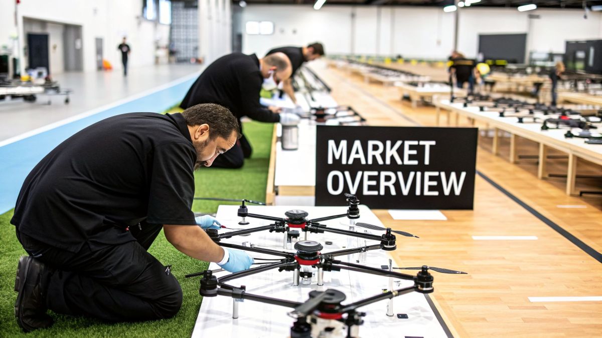 Technicians in an indoor facility meticulously assemble and prepare advanced drones on display tables.