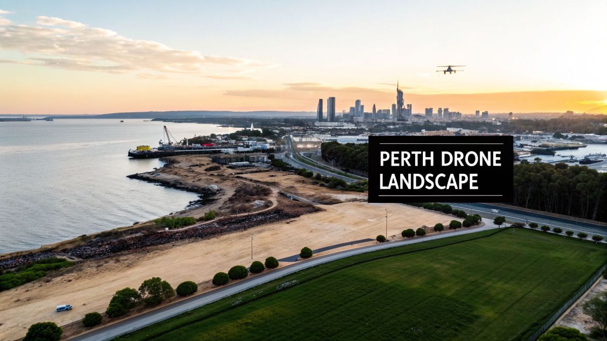Aerial view of Perth city skyline and bay at sunset, with a drone flying above the landscape.
