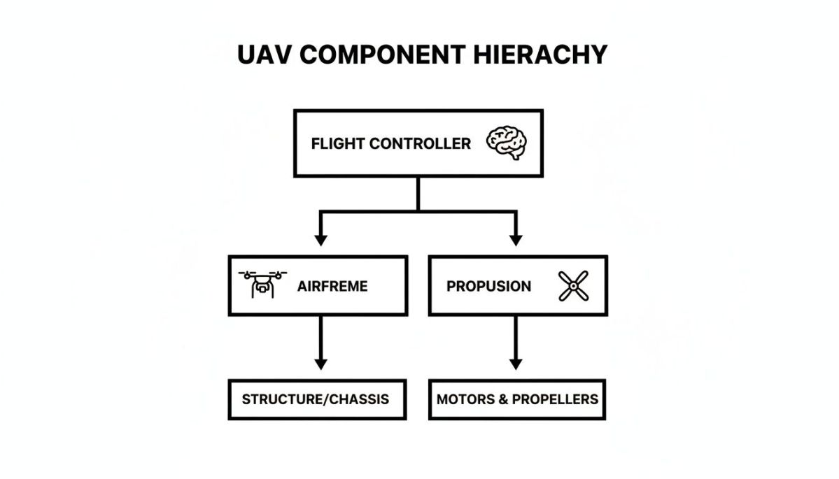 A hierarchical diagram illustrating UAV components, including the flight controller, airframe, propulsion, structure, and motors & propellers.