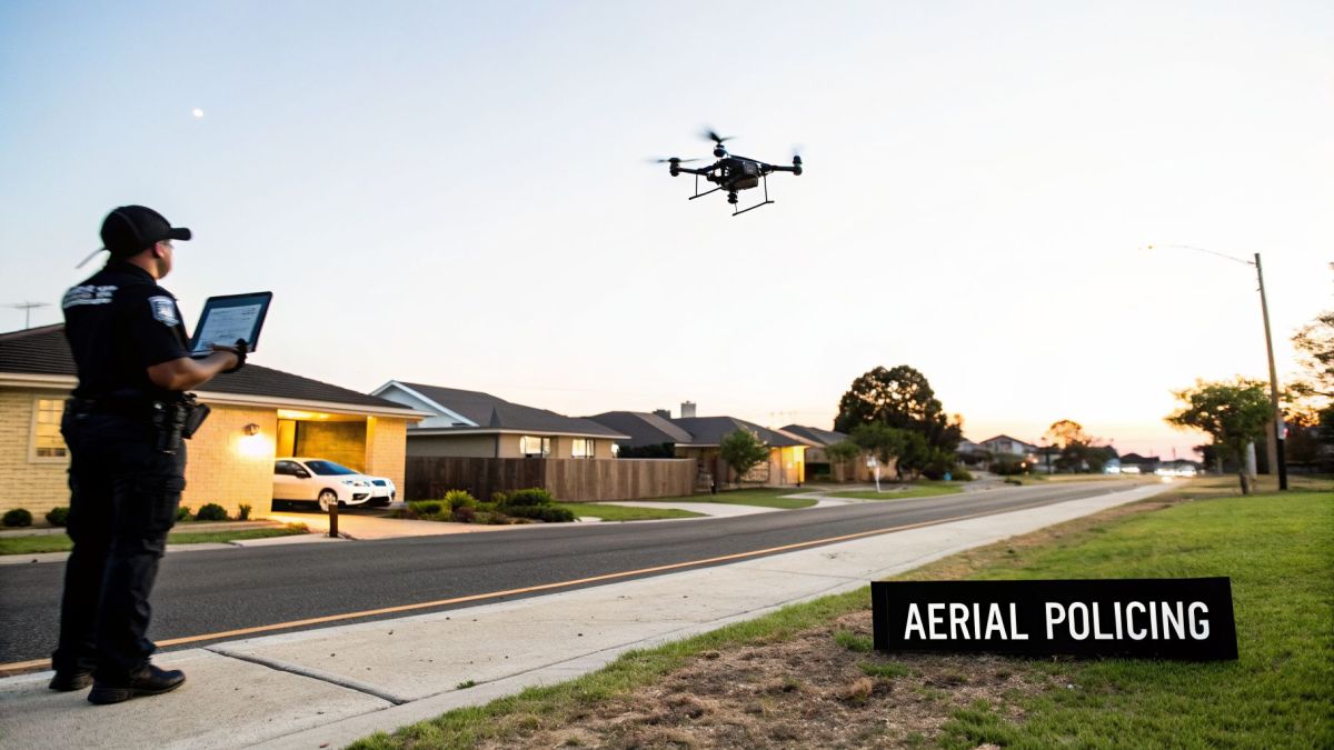 A police officer uses a tablet to control a drone over a residential street with an 'AERIAL POLICING' sign.