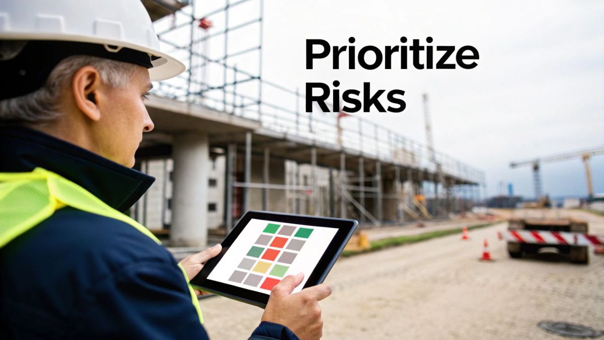 Construction worker in hard hat holding a tablet showing a risk matrix, with 'Prioritize Risks' text.