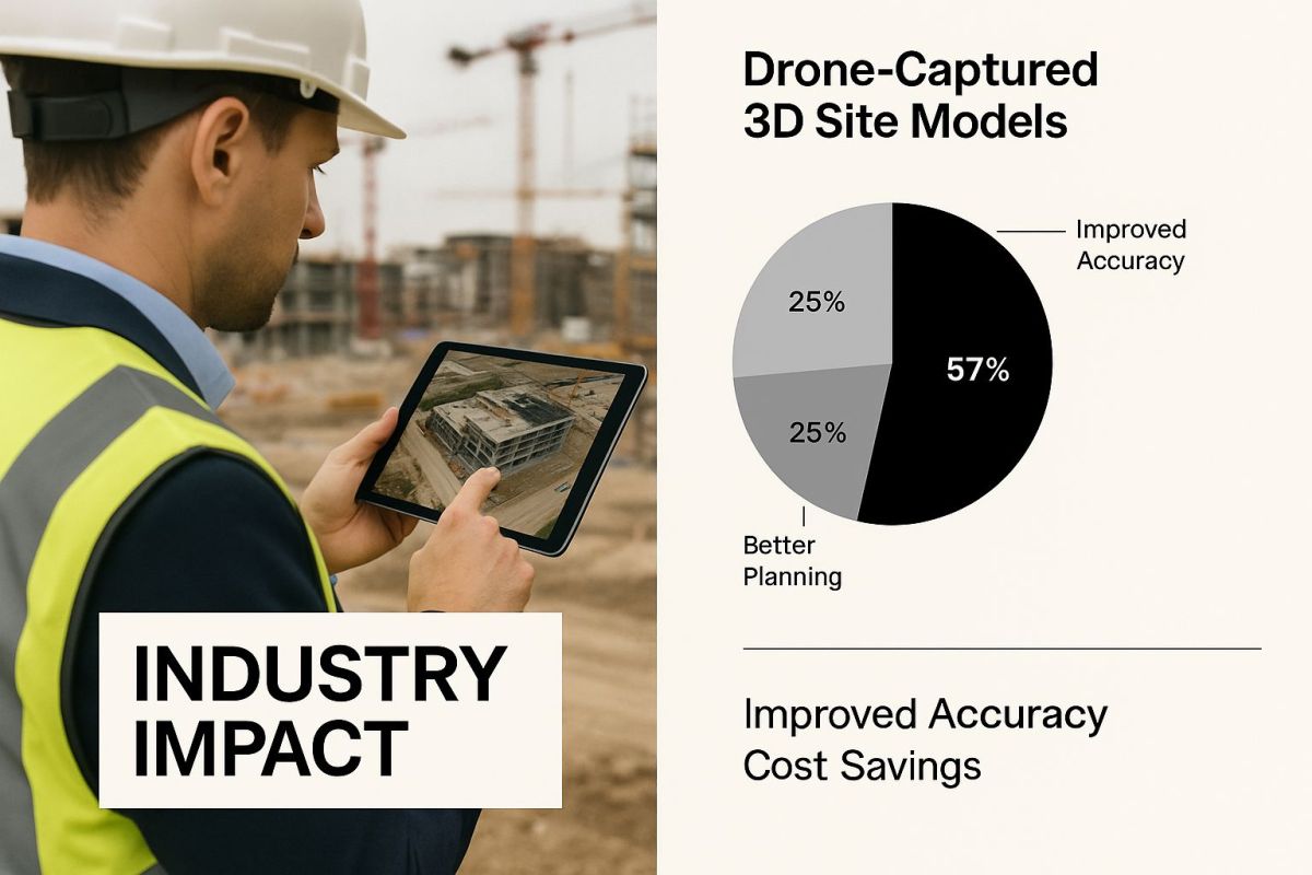 Infographic of a professional reviewing drone-captured 3D site models on a tablet at a construction site.